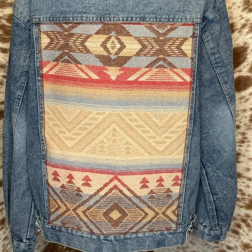 OOAK UpCycled Western Jean Jacket w/Pink Blue Tan Navajo theme Wool-XL